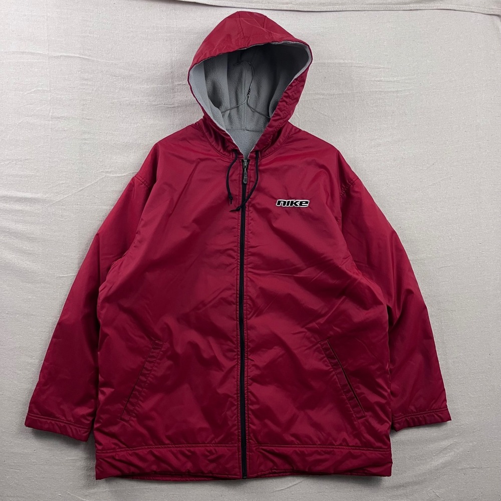 Vintage Y2K Nike Reversible Hooded Jacket Mens XL Red Grey Fleece Nylon Full Zip